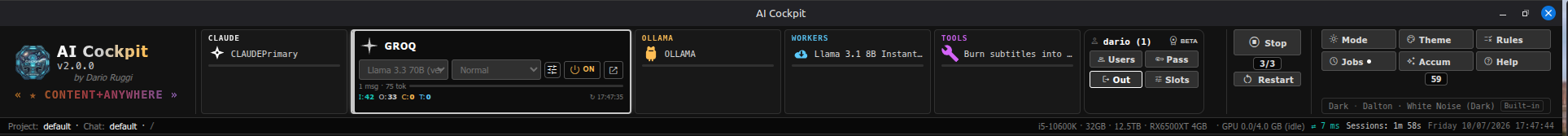 AI Cockpit supplier strip — Card 1/2/3 (paid, free, local), Workers, Tools cards